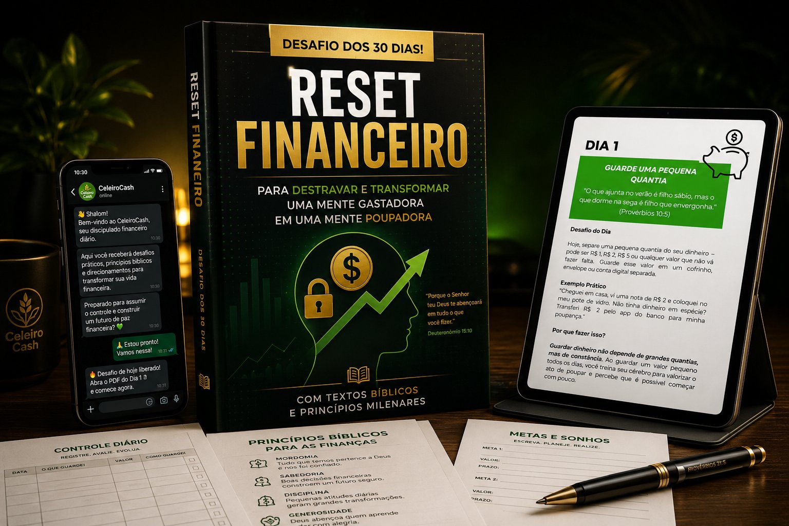 Ebook Reset Financeiro, materiais do desafio e CeleiroCash integrado